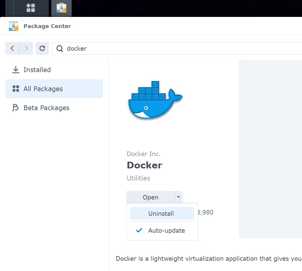 The Uninstall option for the Docker application in Synology Package Manager