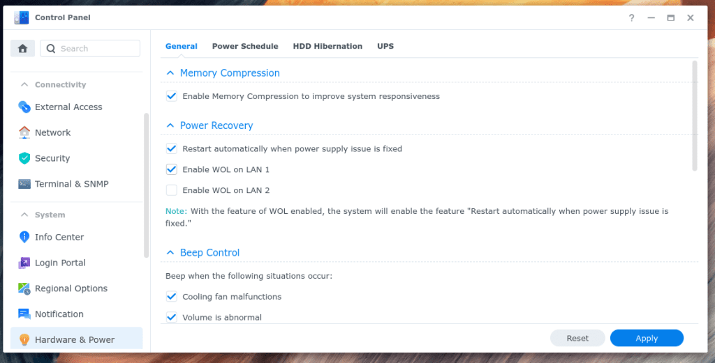 The WOL wake on LAN feature within the Synology control panel