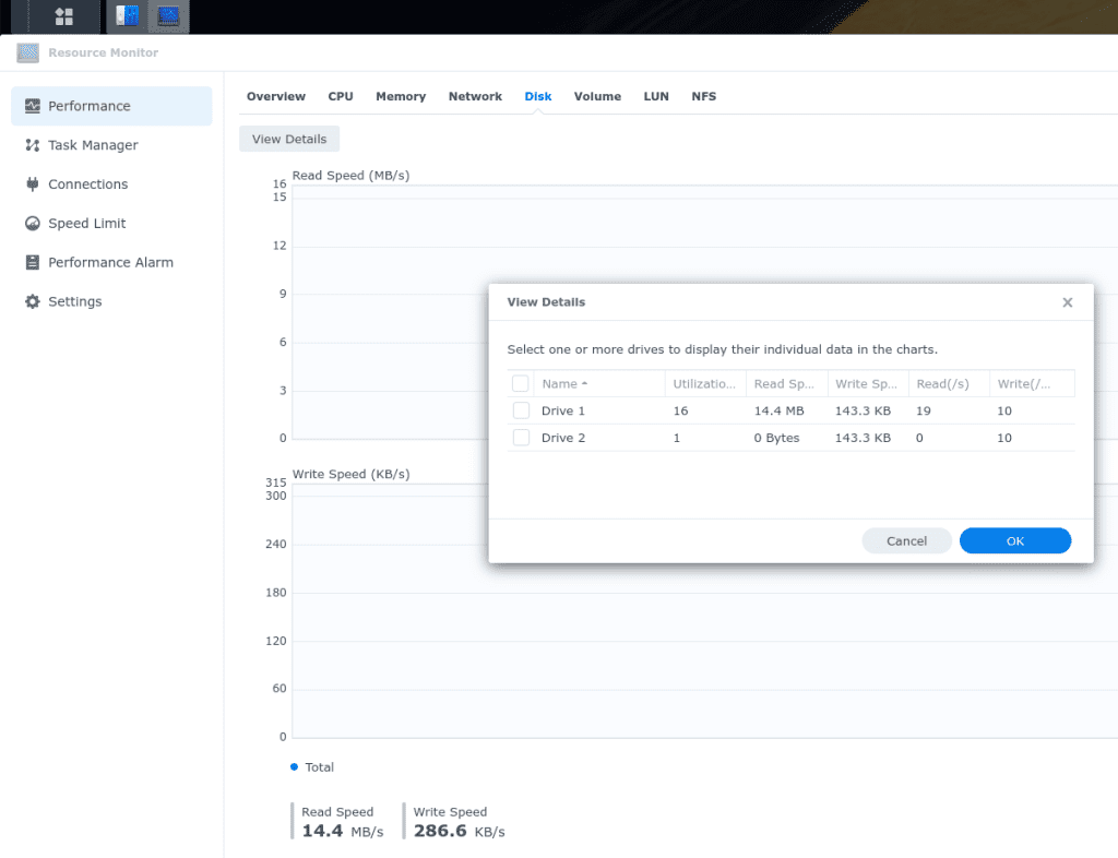 The detailed Disk information under the Synology NAS resource monitor