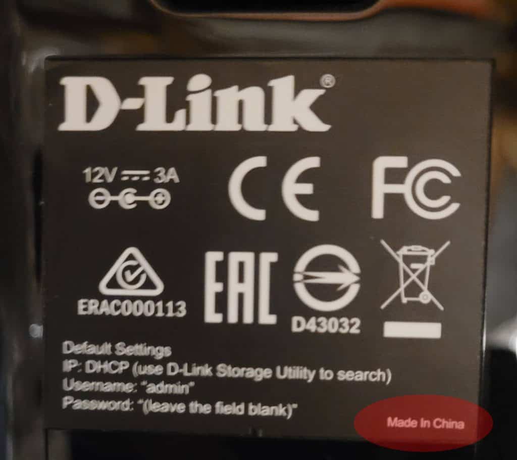 The product label for a DLink NAS which is made in China