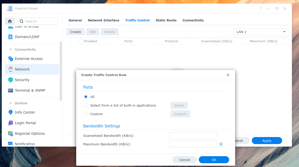 The traffic control settings under the Synology admin panel