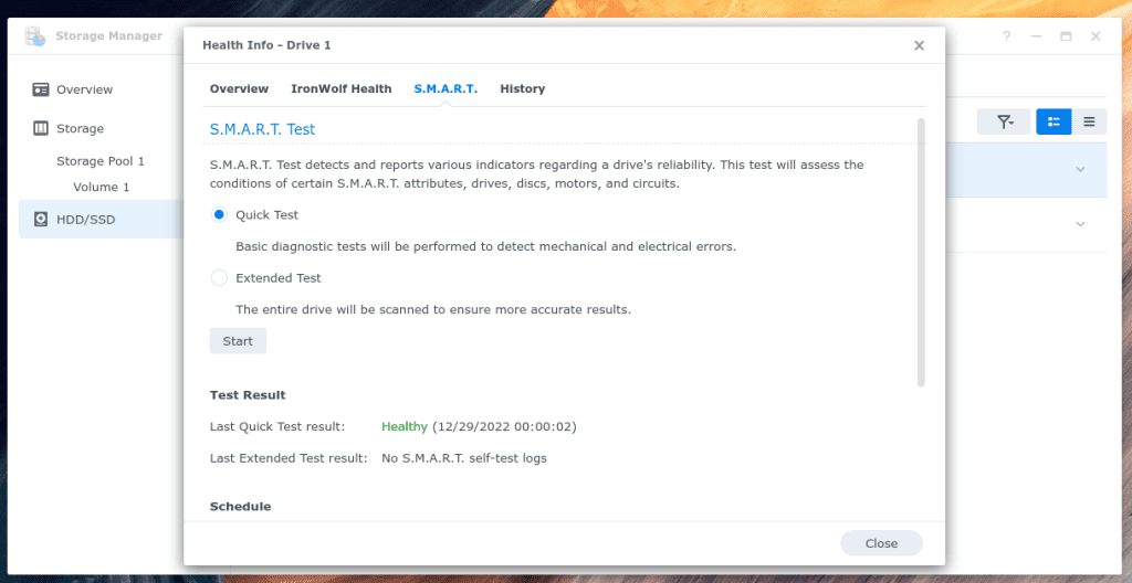 Triggering a manual SMART disk health check on one of my Synology drives