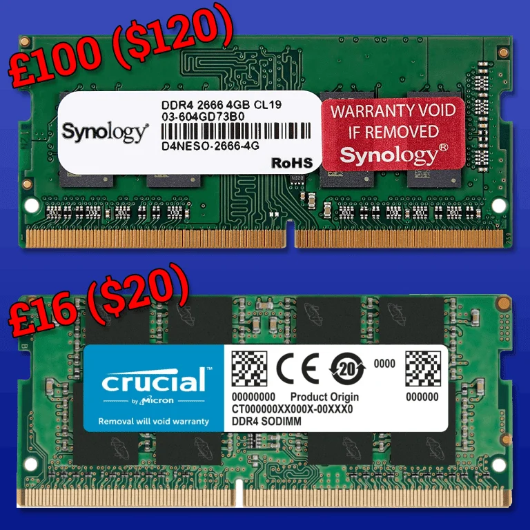 Two equivalent RAM modules side by side for use in a Synology DS220 plus NAS