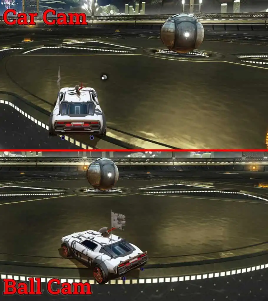 A look at both car and ball cam views within Rocket League
