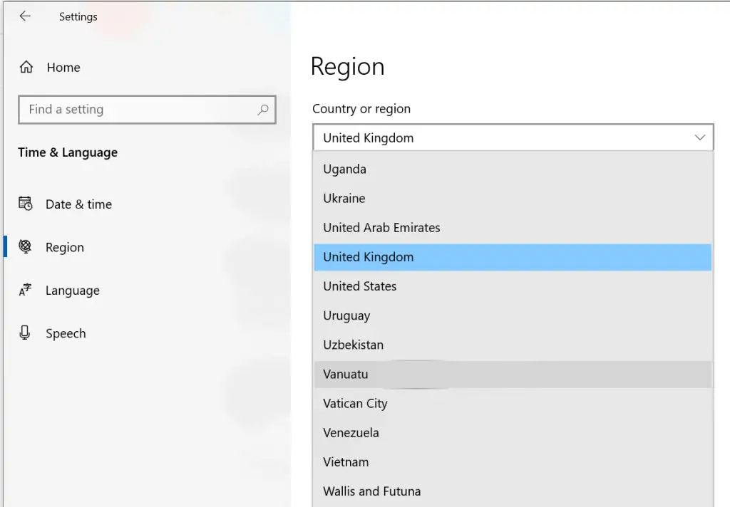 Choosing the Country or region within Windows
