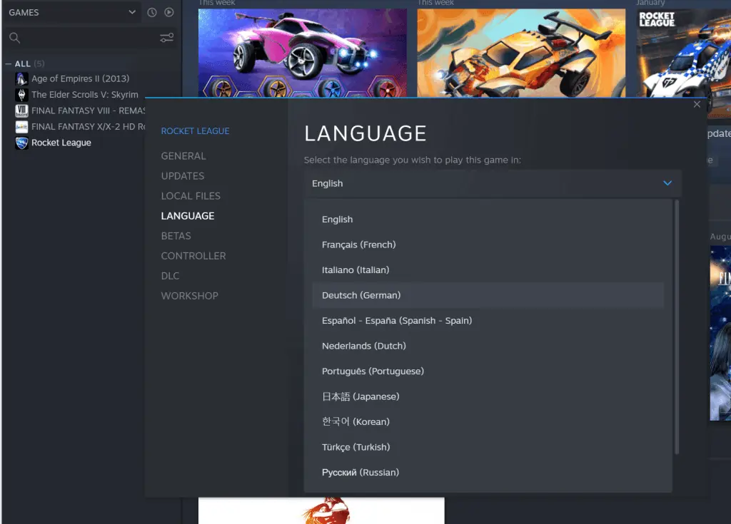 How to change a game language from within the Steam properties menu