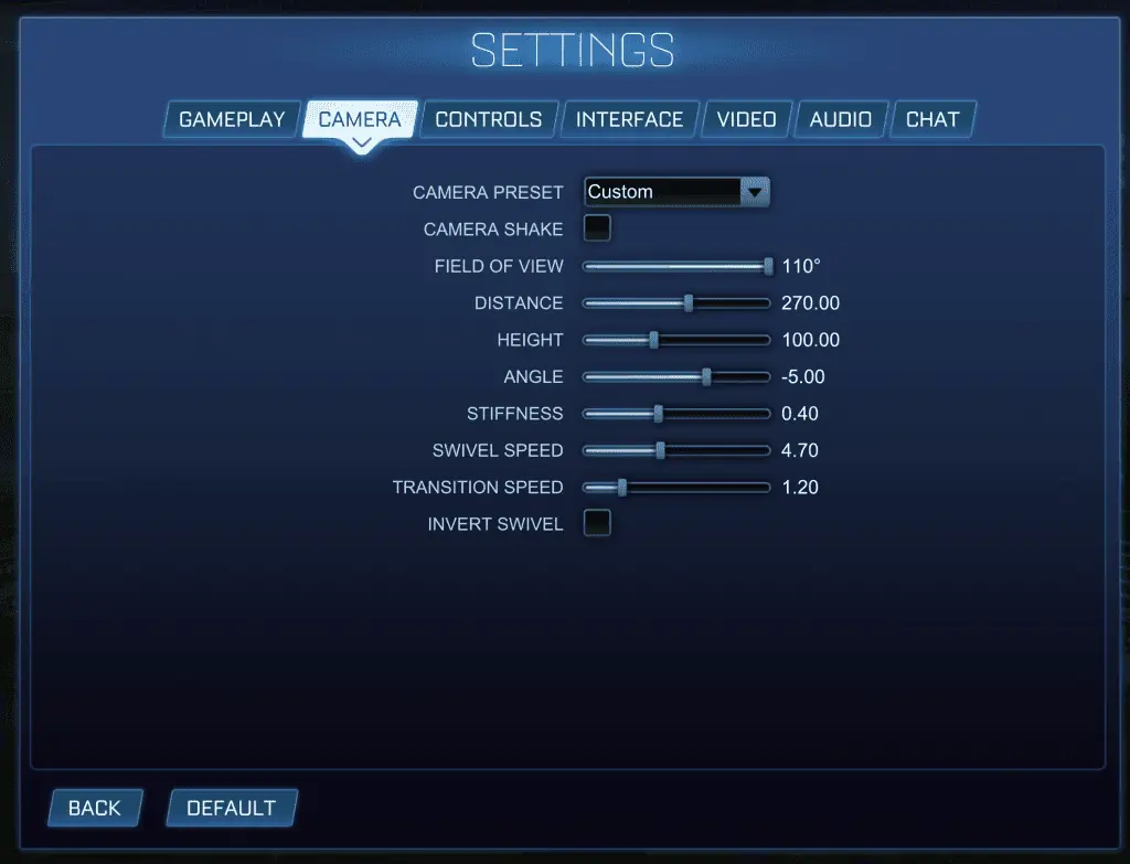 Recommended camera settings within the Rocket League settings menu