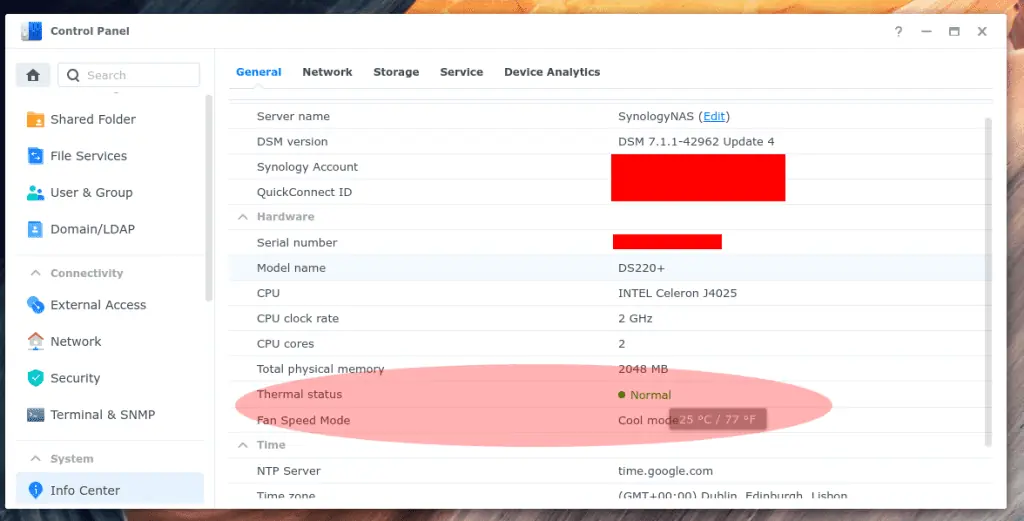 The thermal status inside your Synology NAS