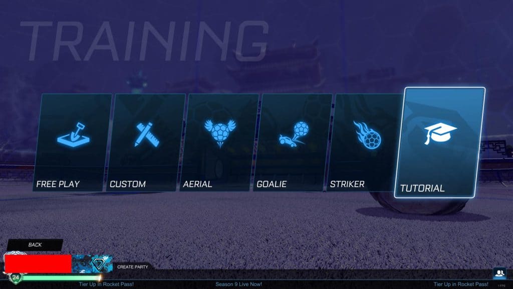 The training menu on Rocket League which includes various tutorials