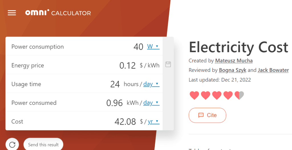 Calculating a PCs electricity cost thanks to OmniCalculator