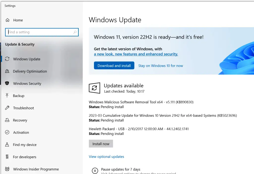 A few pending updates on my Windows 10 PC
