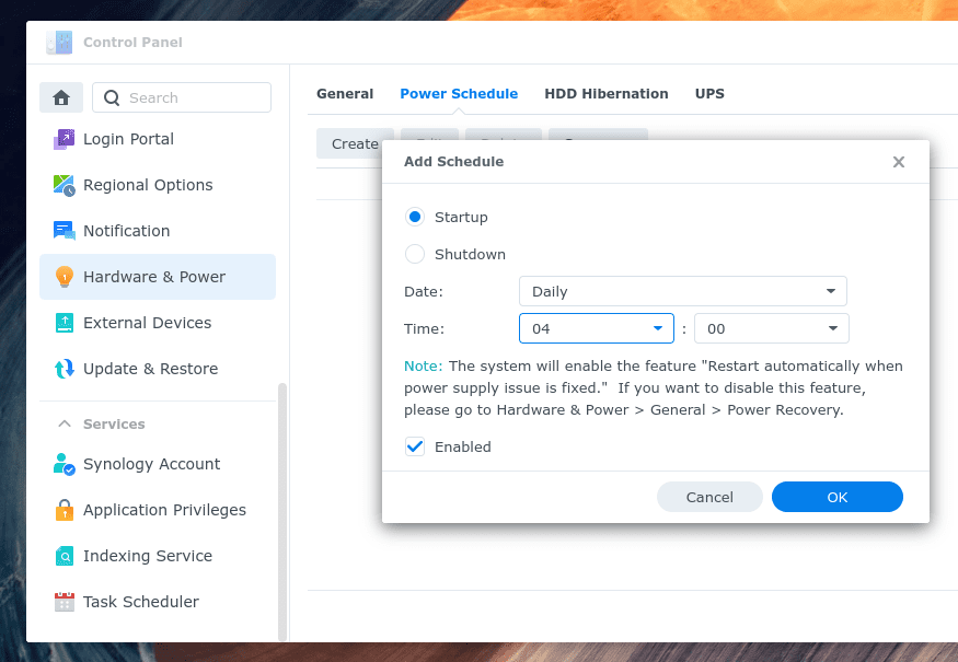 Adding a new power schedule to my Synology NAS within the control panel