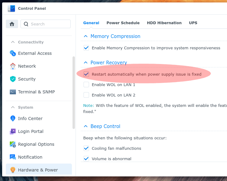 Synology offers a useful feature to automatically start up when power issues are resolved