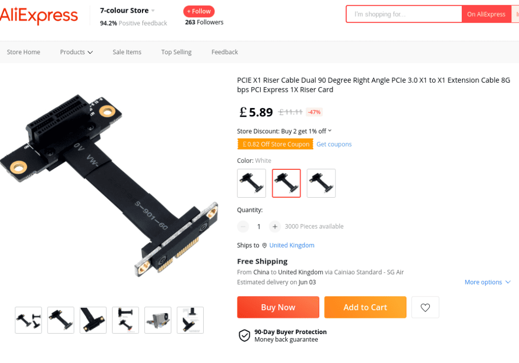 A PCIe 3.0 X1 riser cable on AliExpress