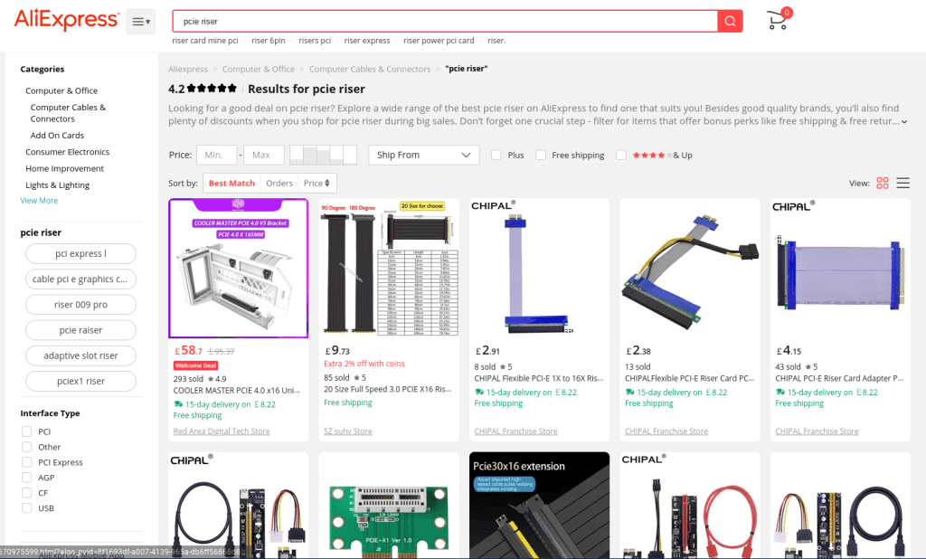 A range of PCIe risers from AliExpress