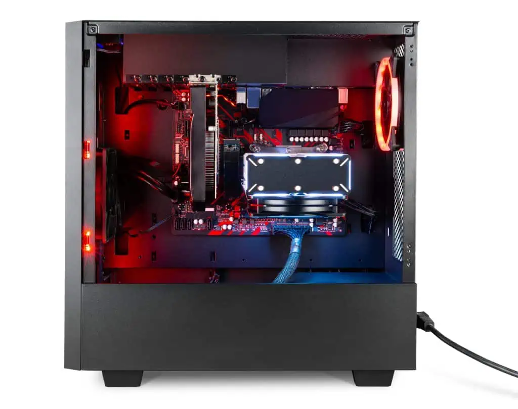 modern black desktop gaming pc with red led lights fan air coole