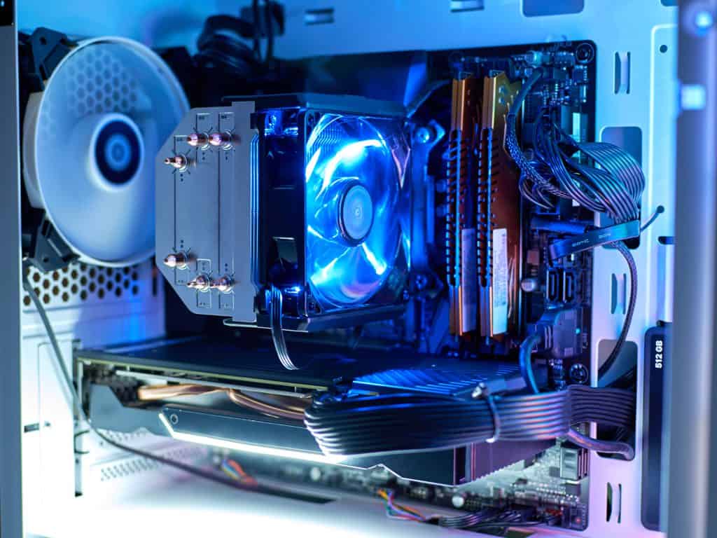 Gaming computer with RGB LED light. Components of the computer. PC case with backlight.