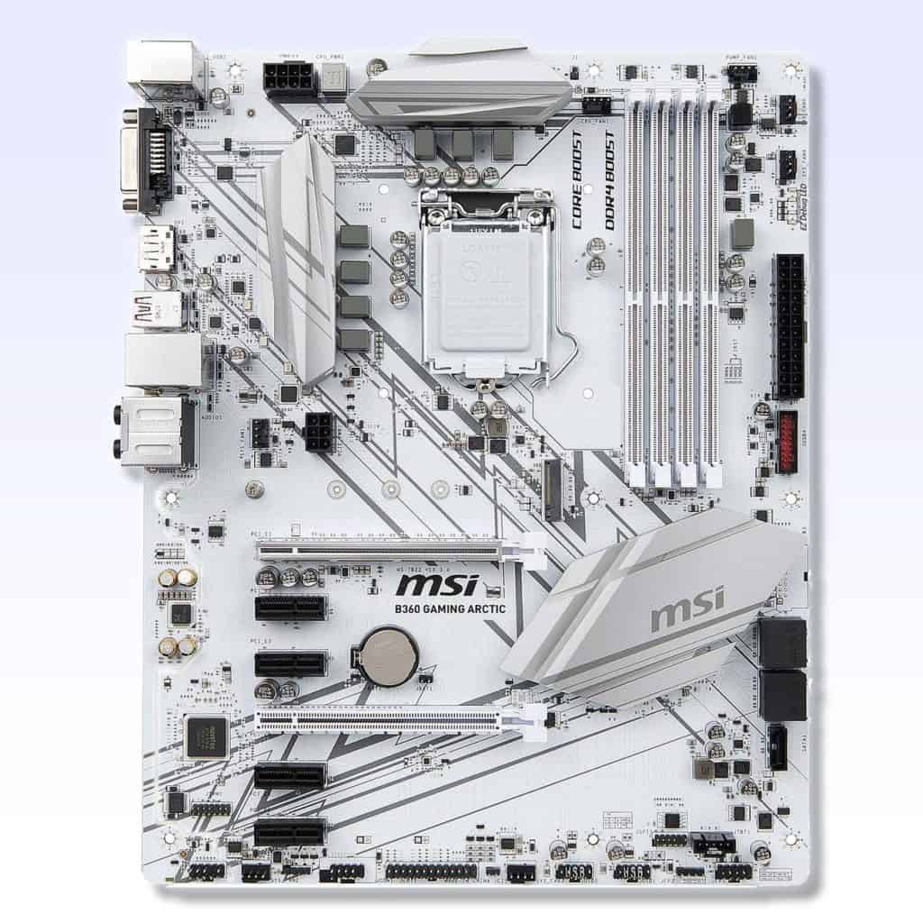 An MSI B360 Arctic all white motherboard