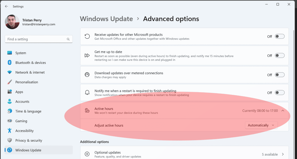 The active hours options on Windows