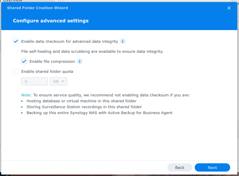 The data checksum and file compression options within a new Synology NAS volume