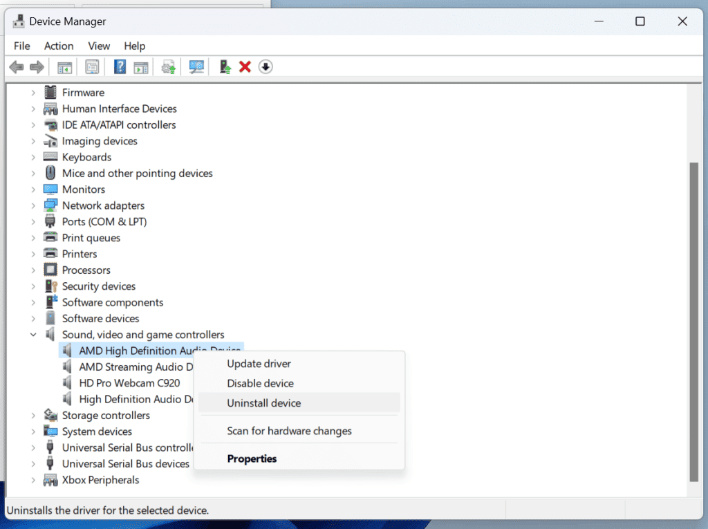 The option to uninstall a sound controller within the Device Manager