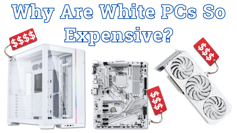 Various all white PC components with the text why are white PCs so expensive