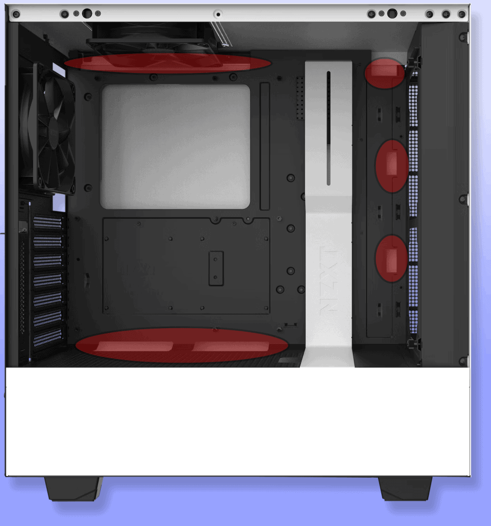 Various cable routing holes within the NZXT H510i case