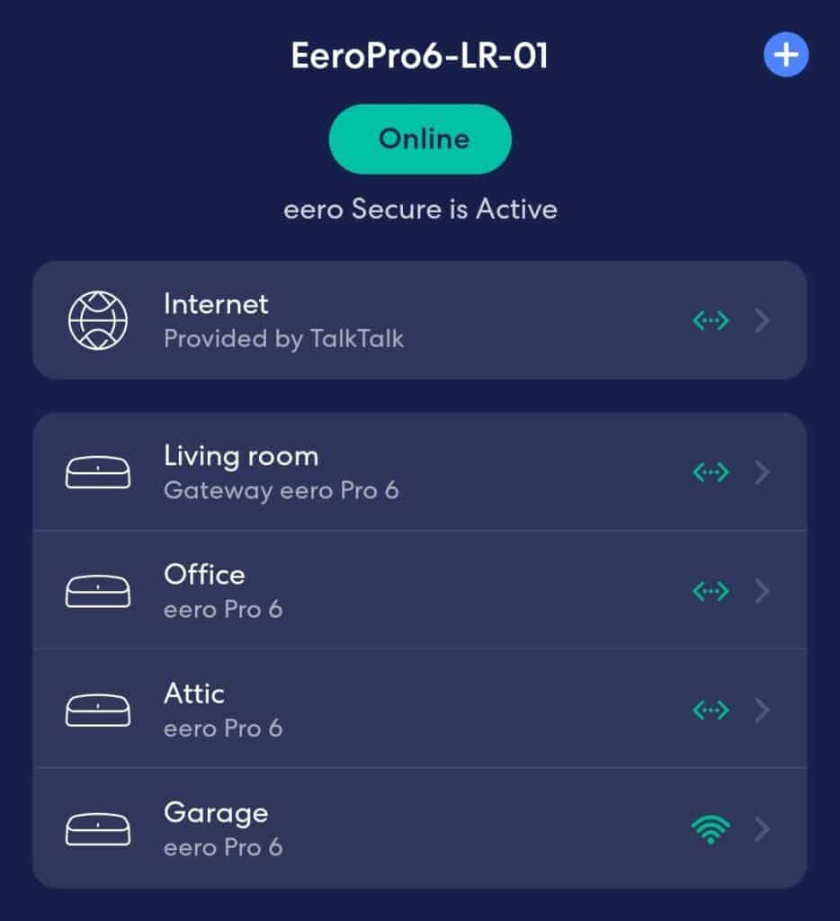 Screenshot from my Eero app showing that three of my Eero Pros are wired and one is wireless
