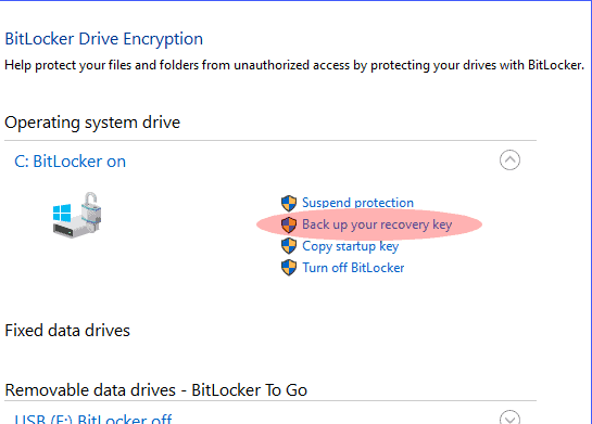 The option to Back up your BitLocker recovery key