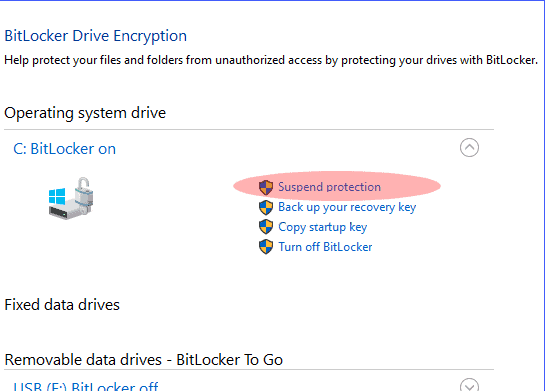 The option to suspend BitLocker drive encryption
