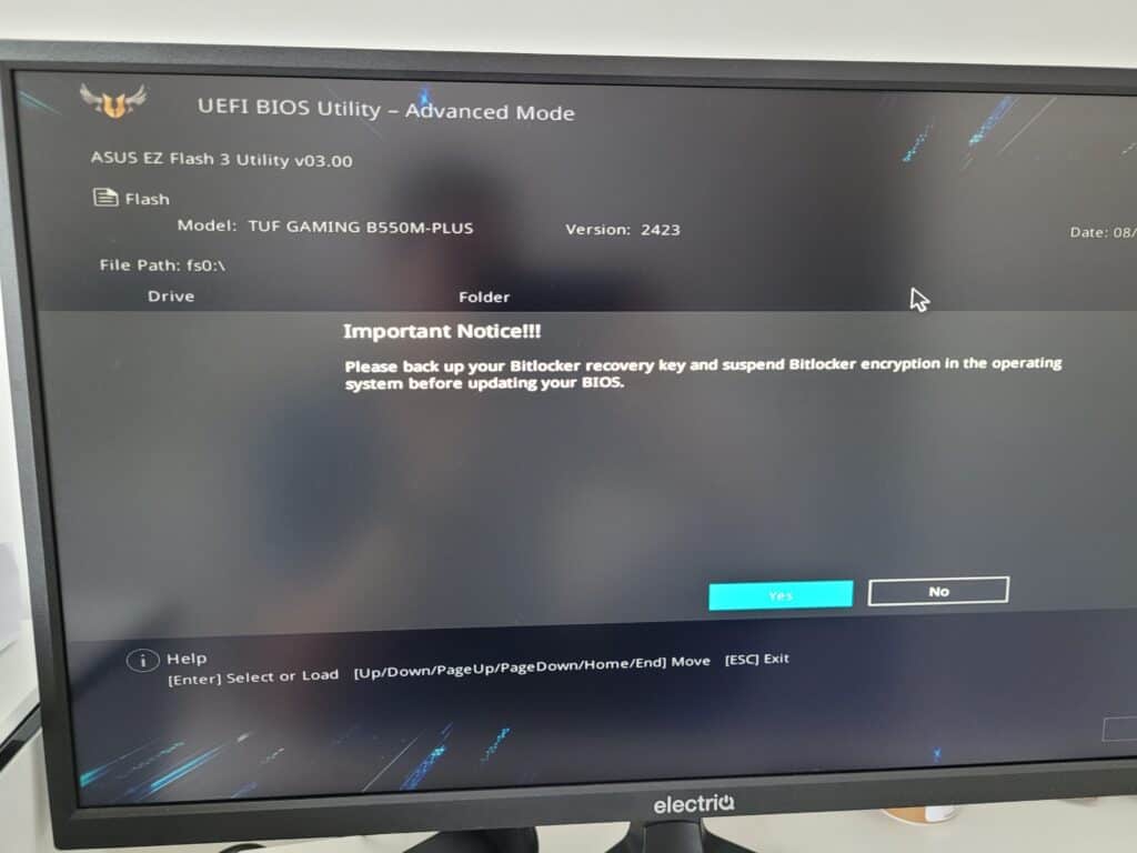 Updating my Asus B550M Plus BIOS and getting a message to check my Bitlocker encryption key