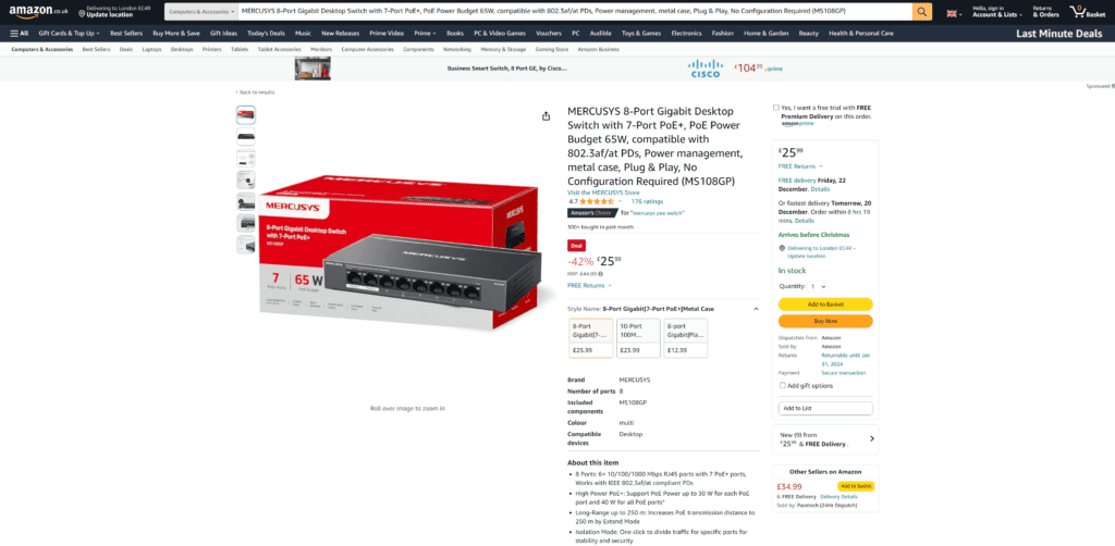 Amazon listing for a Mercusys PoE switch that I recently purchased