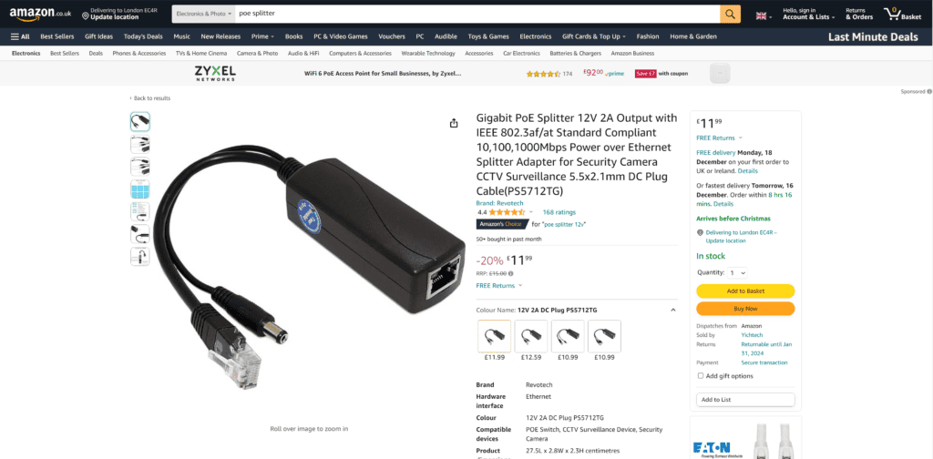 An Amazon listing for a PoE splitter that essentially removes the power from an Ethernet cable