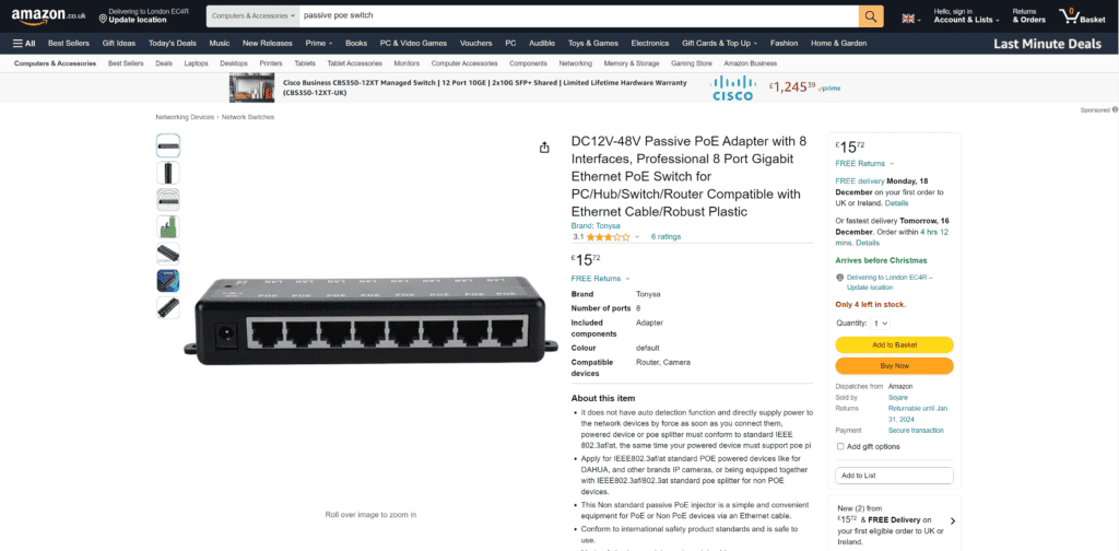 An Amazon screenshot showing a passive PoE device