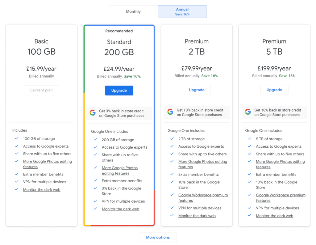 Google One storage prices here in the UK