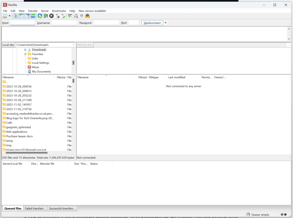 Screenshot of Filezilla which is an FTP client