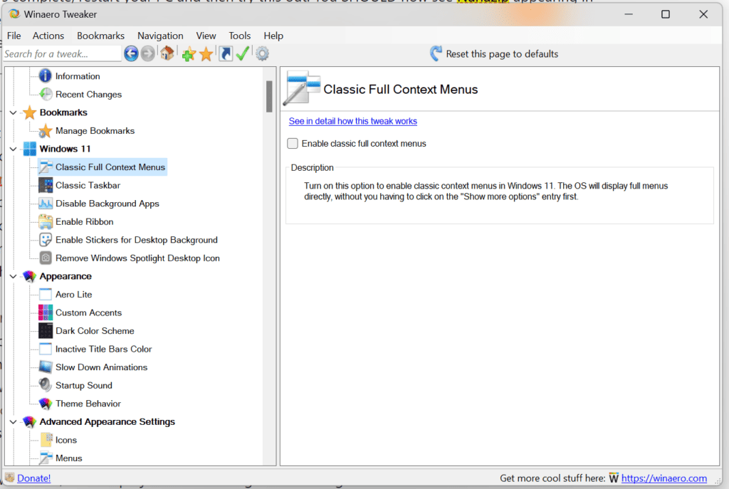 Screenshot of Winaero Tweaker and the restore legacy right click menu option