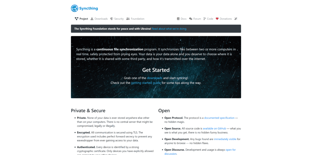 Screenshot of the Syncthing homepage