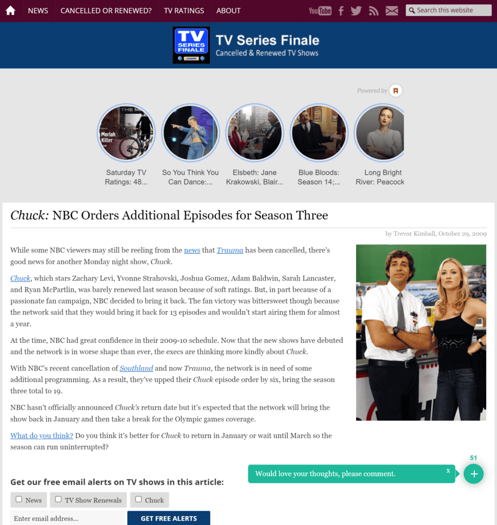 TV Series Finale website screenshot discussing that NBC execs ordered a few more Chuck episodes