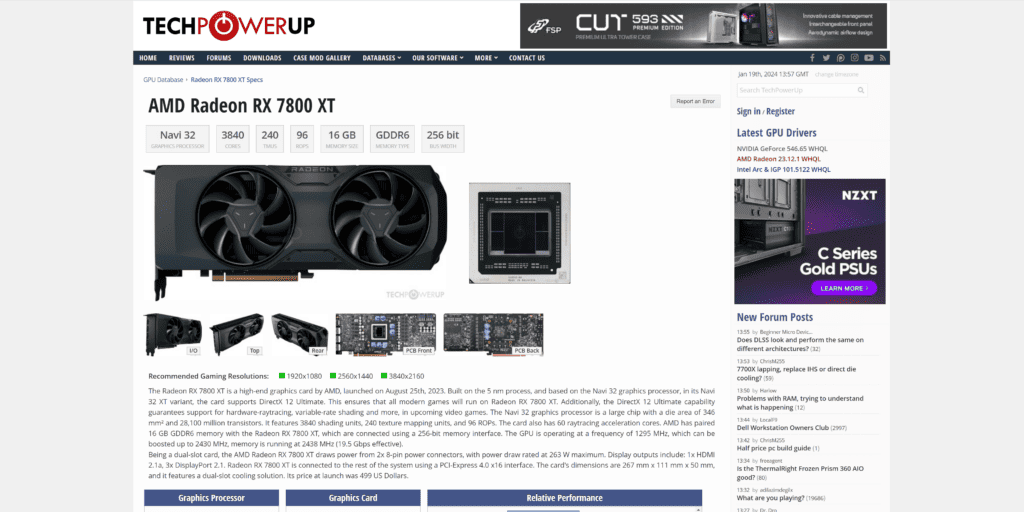 The AMD RX 7800 XT with a TDP of 263 watts