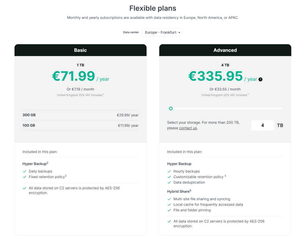 The Synology C2 cloud pricing in the UK priced in Euros