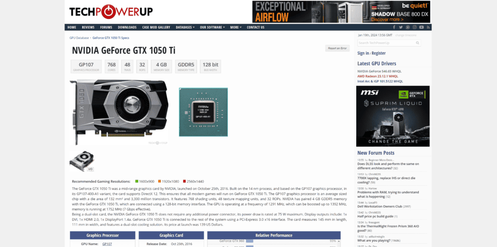 The classic NVIDIA GTX 1050 Ti which can be powered by just the motherboard