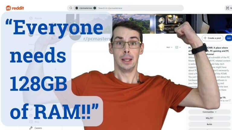YouTube thumbnail showing me flexing my arms with the text Everyone Needs 128GB of RAM