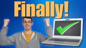 YouTube thumbnail showing me looking happy with my laptop and the text Finally