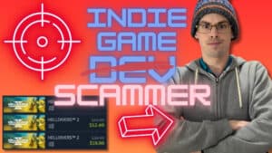 YouTube thumbnail with me looking angry with the text Indie Game Scammer