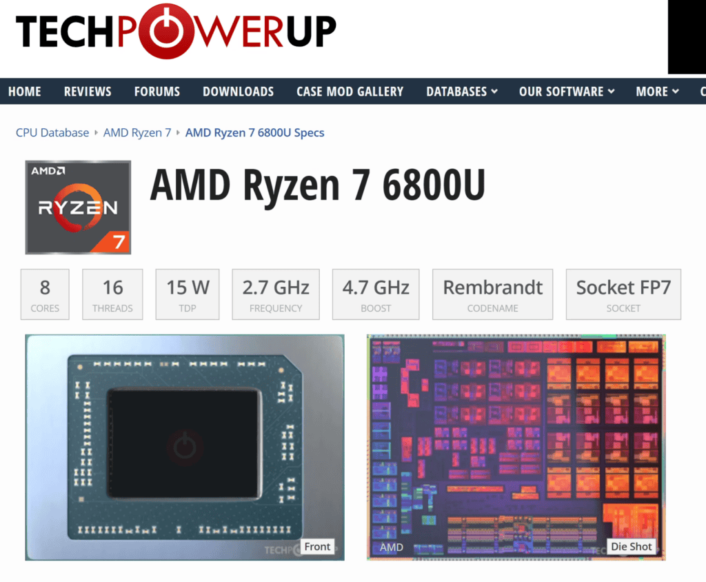 TechPowerup listing for the 6800U Ryzen CPU