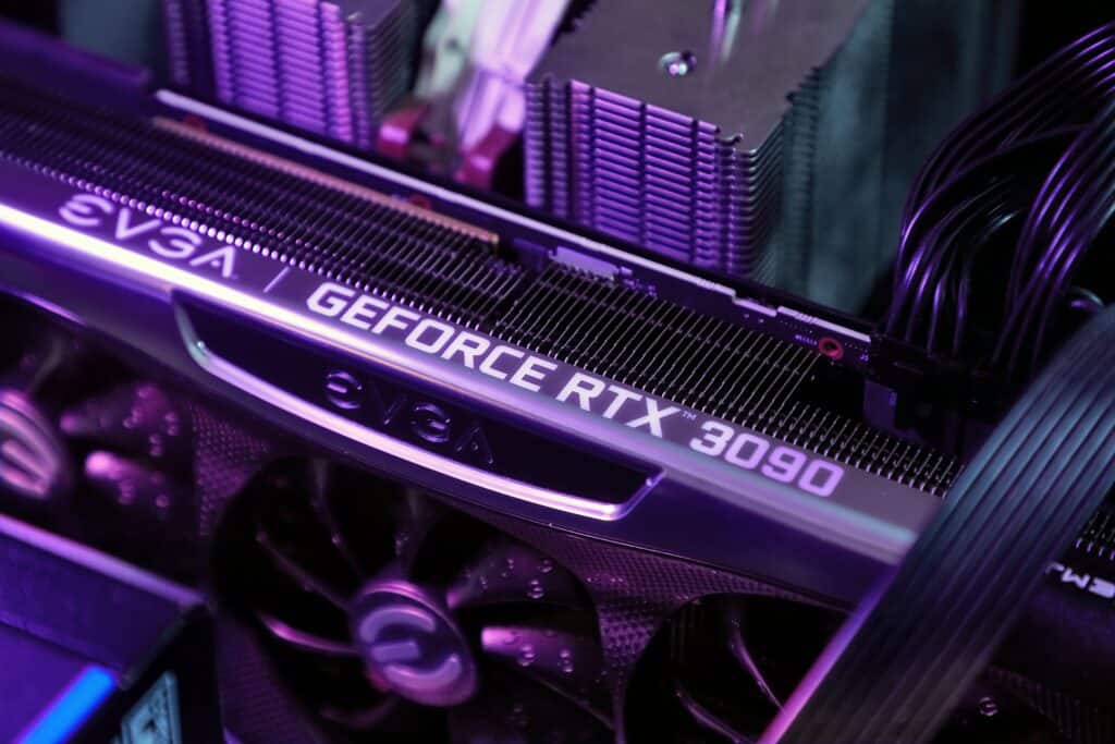 Geforce RTX 3090 Nvidia GPU graphics card inside a gaming computer configuration